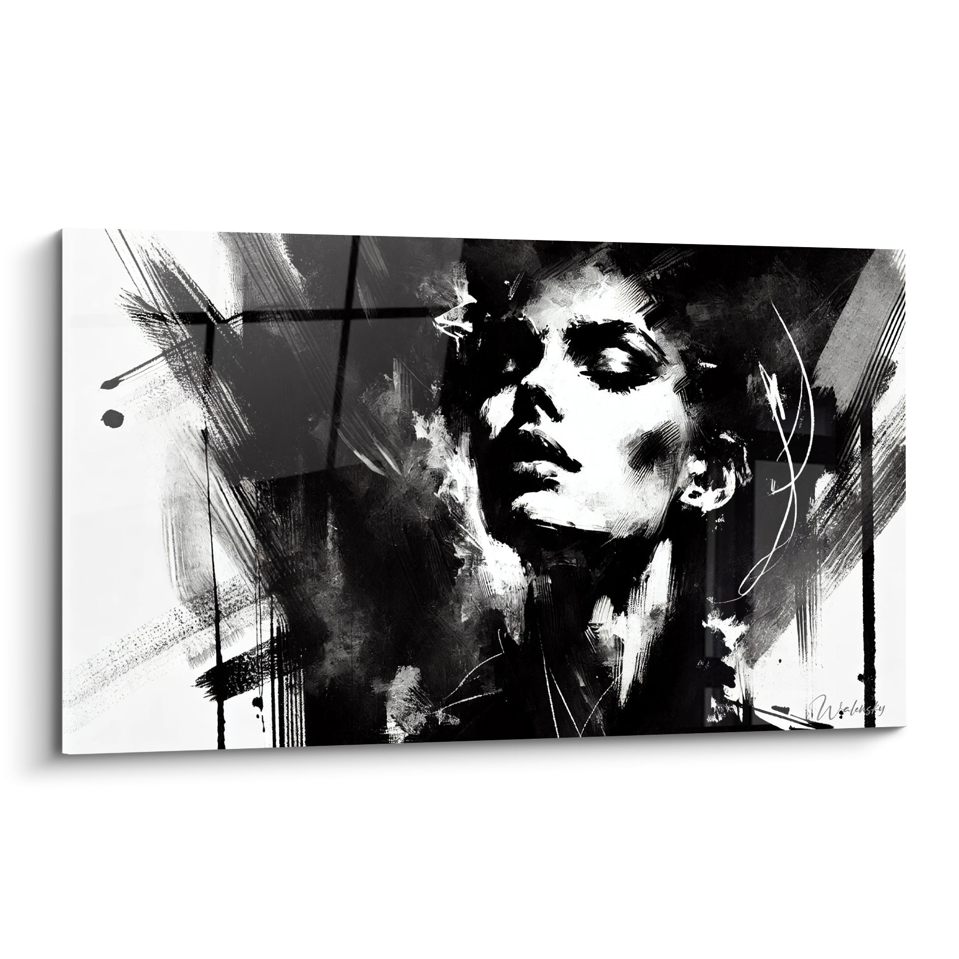Visage abstrait noir et blanc aux yeux clos, traits esquissés à larges coups de pinceau expressifs