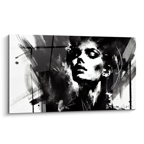 Tableau Visage noir et blanc aux traits esquissés - Rêverie intense - Edition Visage asbtrait