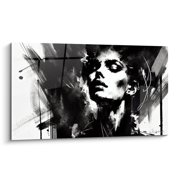 Tableau Visage noir et blanc aux traits esquissés - Rêverie intense - Edition Visage asbtrait