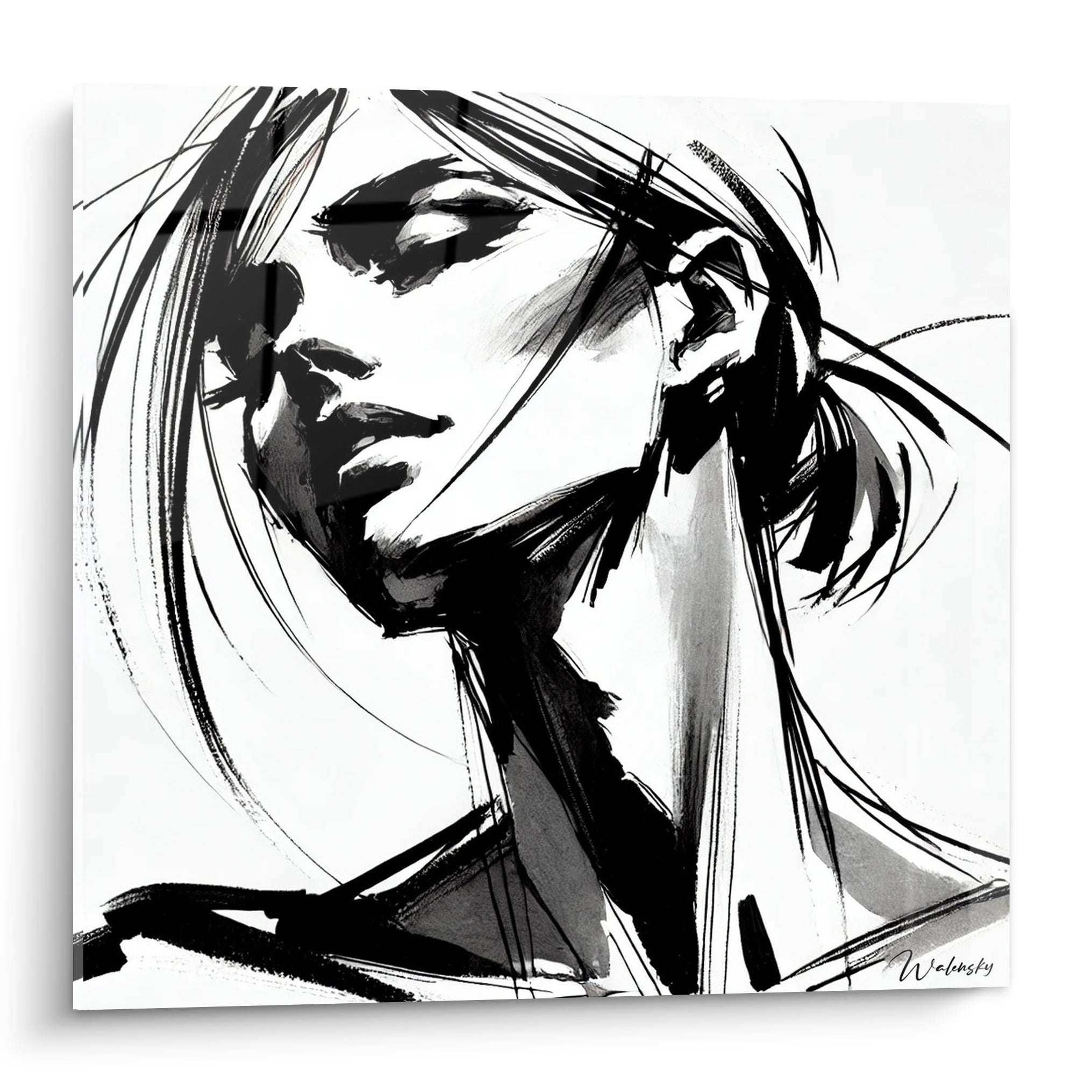 Visage abstrait féminin renversé, trait noir et blanc, chevelure en mouvement fluide