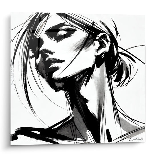 Visage abstrait féminin renversé, trait noir et blanc, chevelure en mouvement fluide