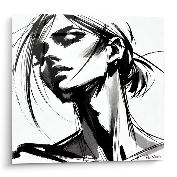Tableau Portrait esquissé noir et blanc mèches en mouvement - Élan de liberté - Edition Visage asbtrait