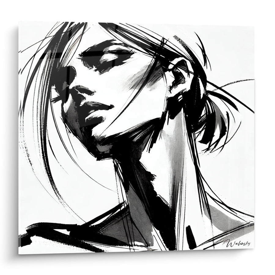 Tableau Portrait esquissé noir et blanc mèches en mouvement - Élan de liberté - Edition Visage asbtrait