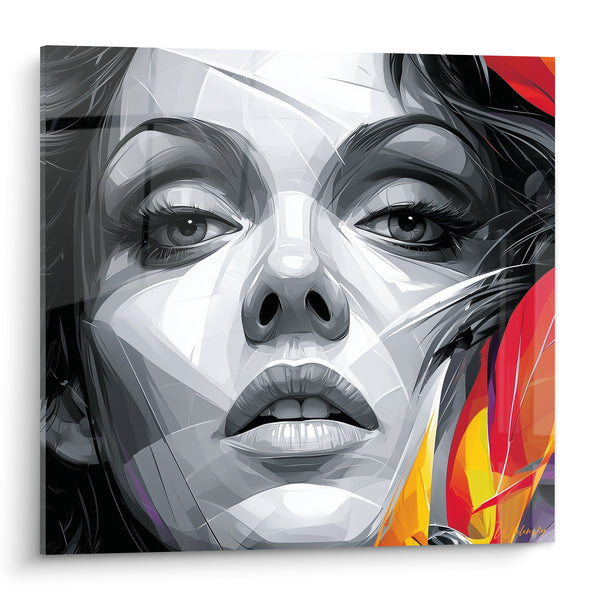 Tableau Visage blanc et noir aux plumes enflammées - Regard fracturé intense - Edition Visage abstrait