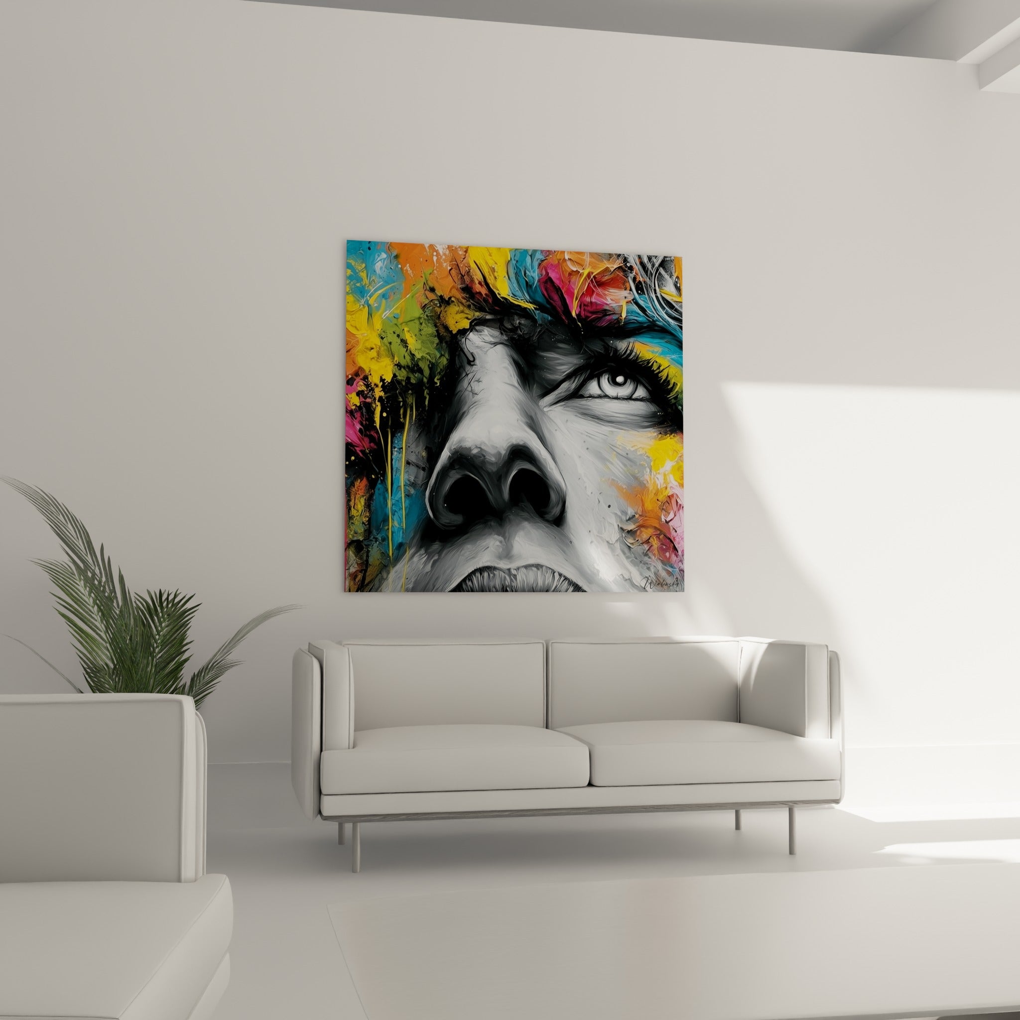 Portrait abstrait mêlant noir, blanc et jaune vif, accroché au-dessus d'un canapé dans un salon lumineux