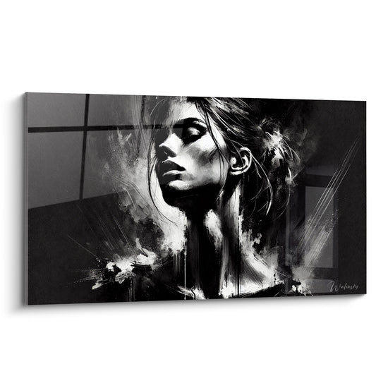 Tableau Visage profil noir et blanc mèches fluides - Pensée suspendue - Edition Visage asbtrait