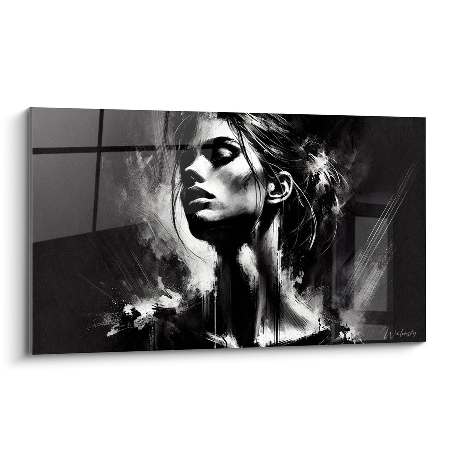 Tableau Visage profil noir et blanc mèches fluides - Pensée suspendue - Edition Visage asbtrait