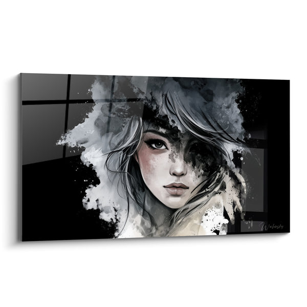 Tableau Visage gris et noir aux mèches vaporeuses - Regard perçant argenté - Edition Visage abstrait