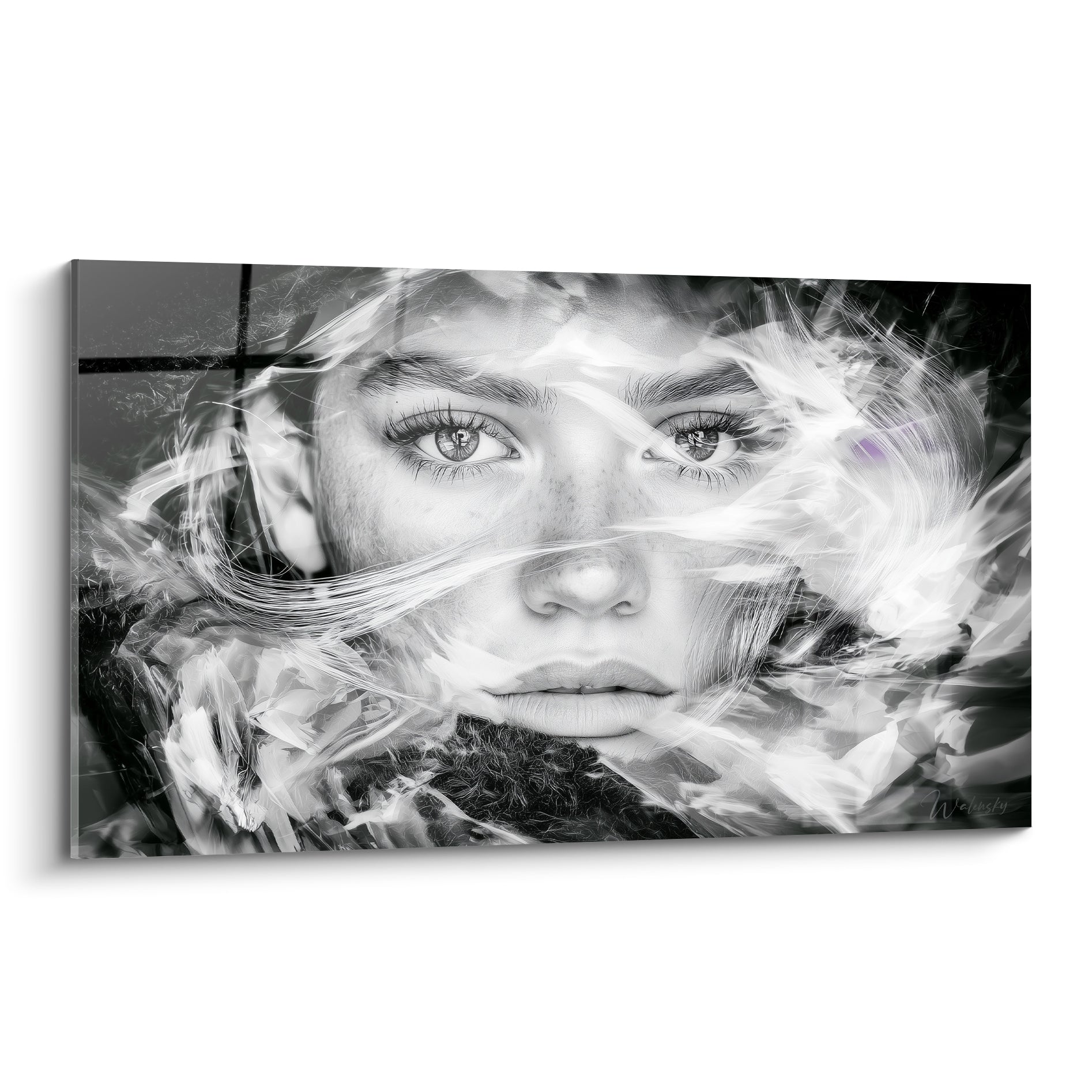 Visage abstrait noir et blanc au regard perçant, entouré de mèches blanches et grises translucides