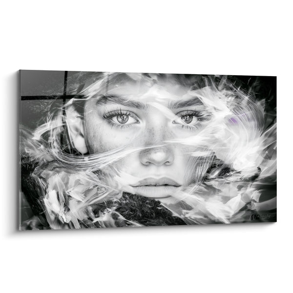Tableau Visage noir et blanc voilé de plumes déchirées - Regard perçant figé - Edition Visage abstrait