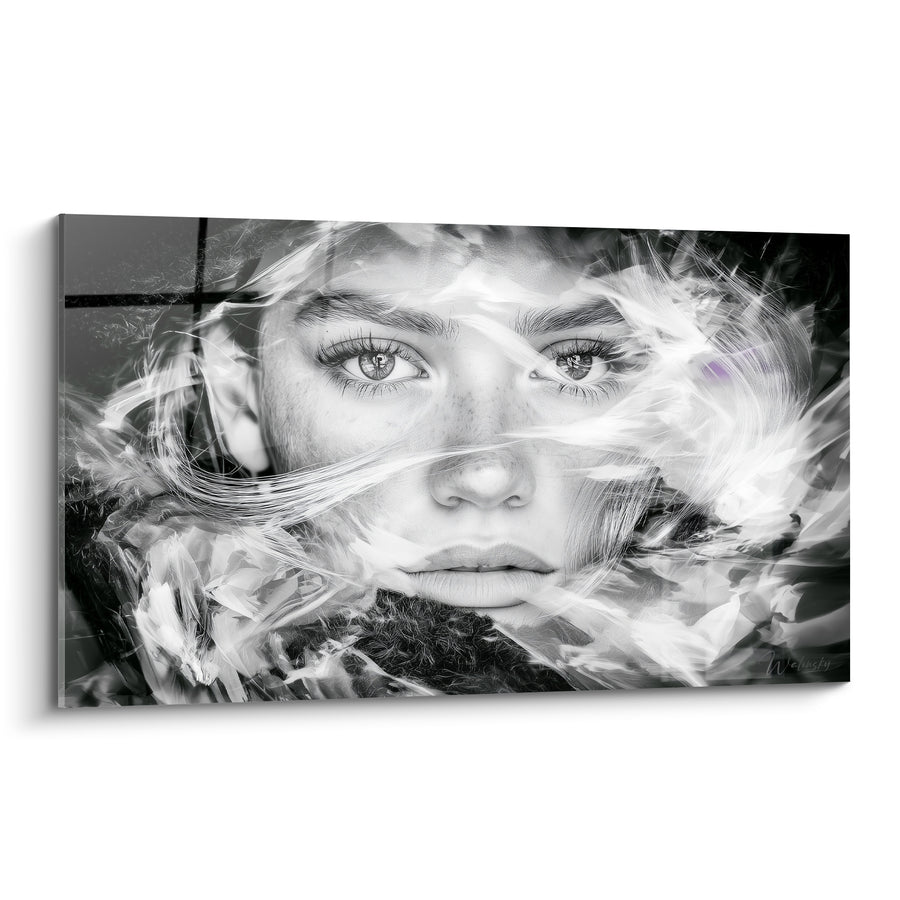 Tableau Visage noir et blanc voilé de plumes déchirées - Regard perçant figé - Edition Visage abstrait
