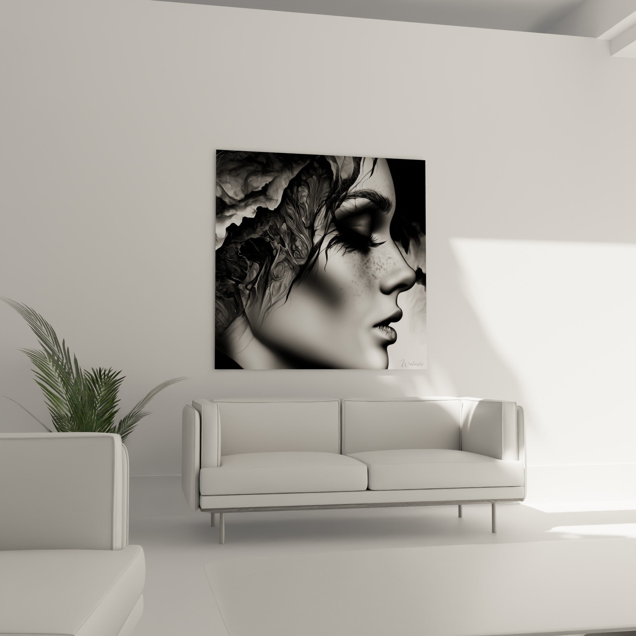 Visage abstrait aux nuances blanches et charbon, chevelure minérale sombre, au-dessus d'un canapé dans un salon lumineux