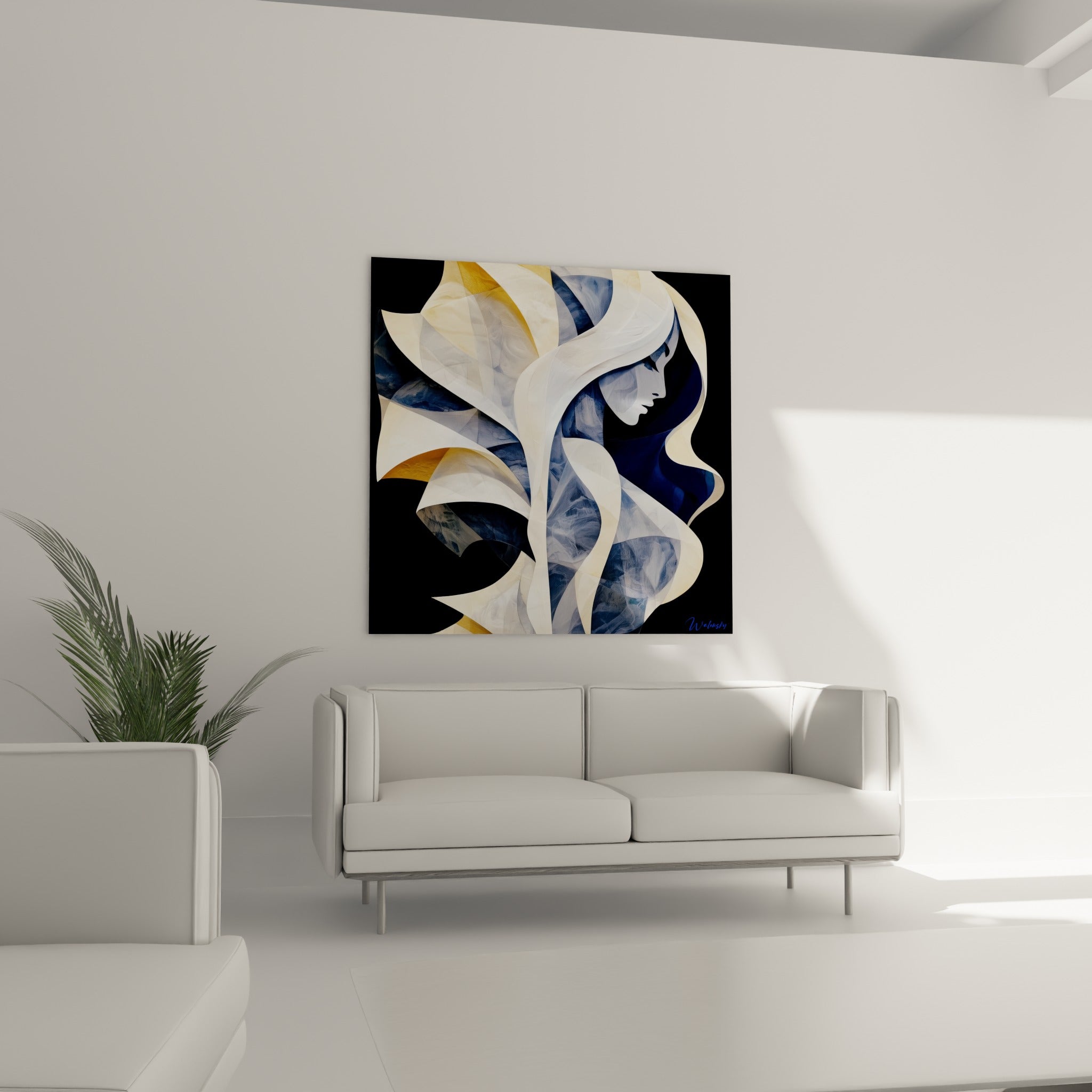 Visage abstrait aux nuances dorées et bleu ardoise, suspendu au-dessus d'un canapé dans un salon lumineux