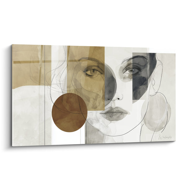 Tableau Visage ocre et gris au disque brun - Lignes de contour esquissées - Edition Visage abstrait