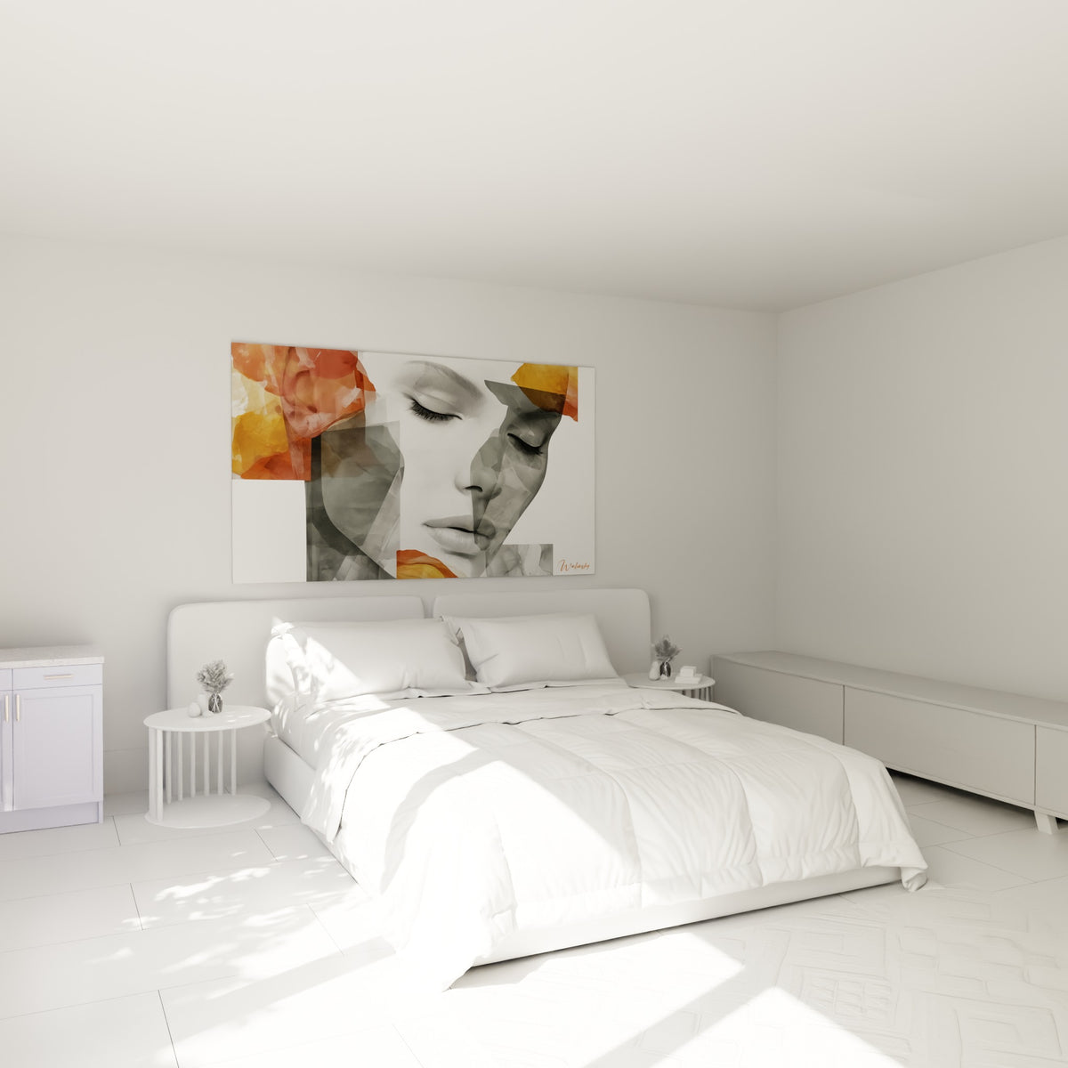 Portrait fragmenté anthracite et orangé, visage abstrait paisible, au-dessus d'un lit dans une chambre claire