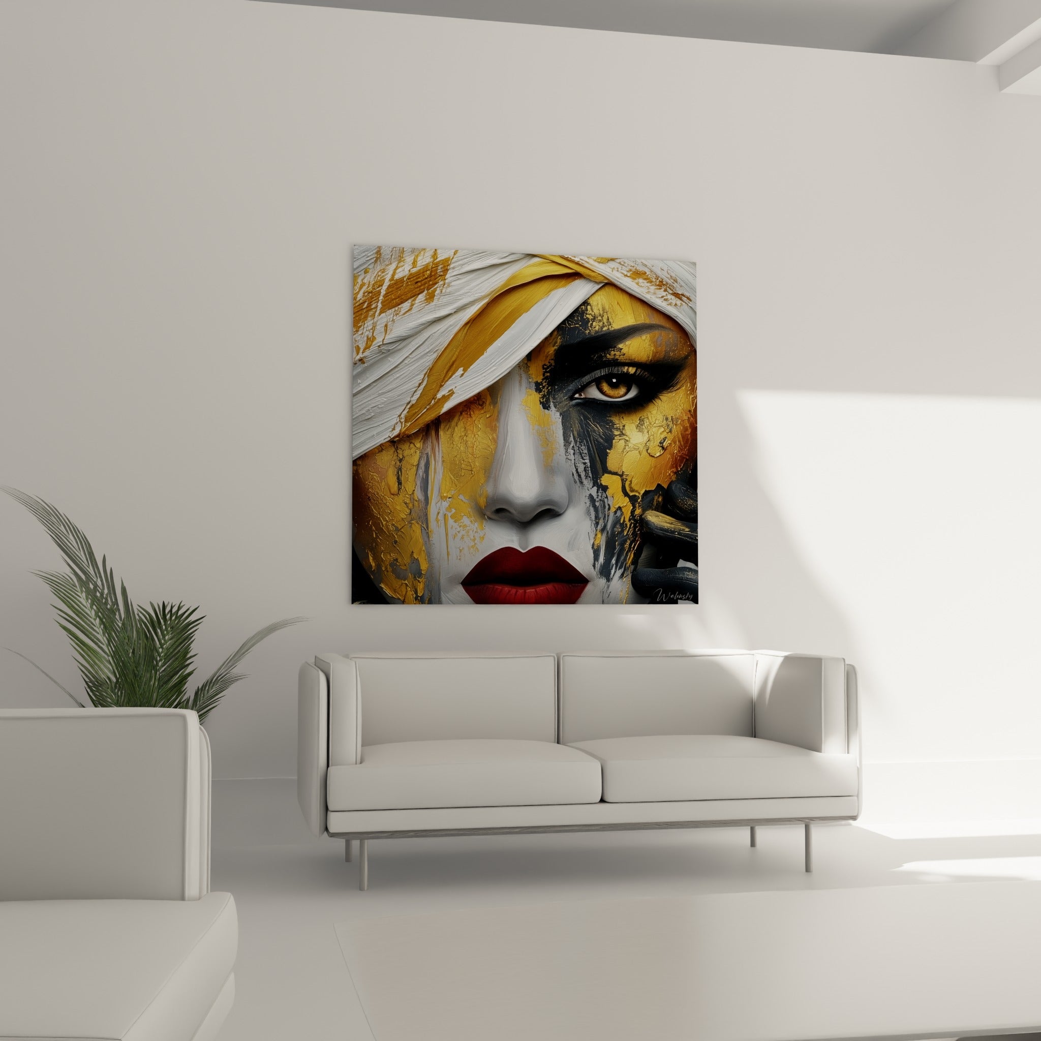 Visage abstrait ocre et anthracite au regard ambré, suspendu au-dessus d'un canapé dans un salon lumineux