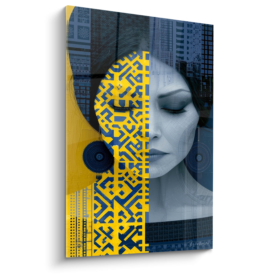 Tableau Visage jaune et bleu aux boucles d'oreilles médaillon - Motif labyrinthe géométrique - Edition Visage abstrait