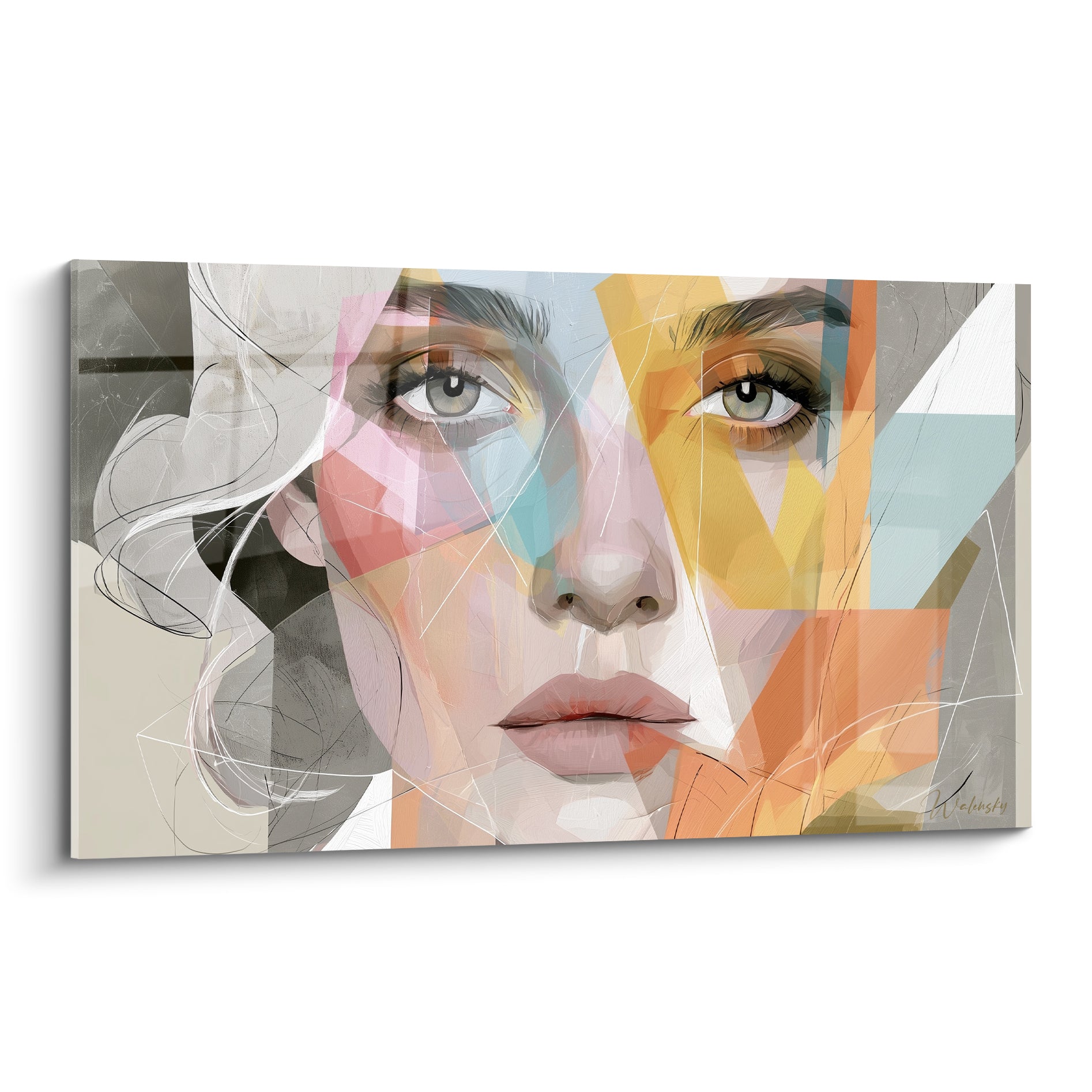 Visage abstrait aux yeux perçants, fragments ocre et bleu pastel sur fond gris anthracite