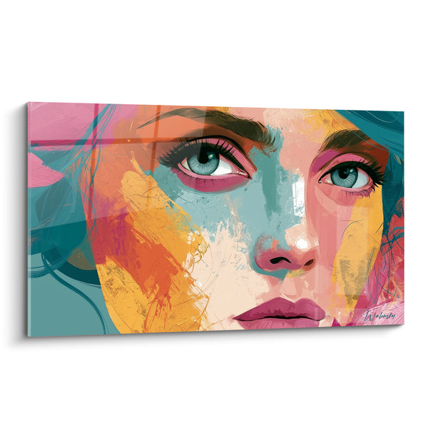 Tableau Visage turquoise et orange aux yeux gris perçants - Regard bleu clair intense - Edition Visage abstrait