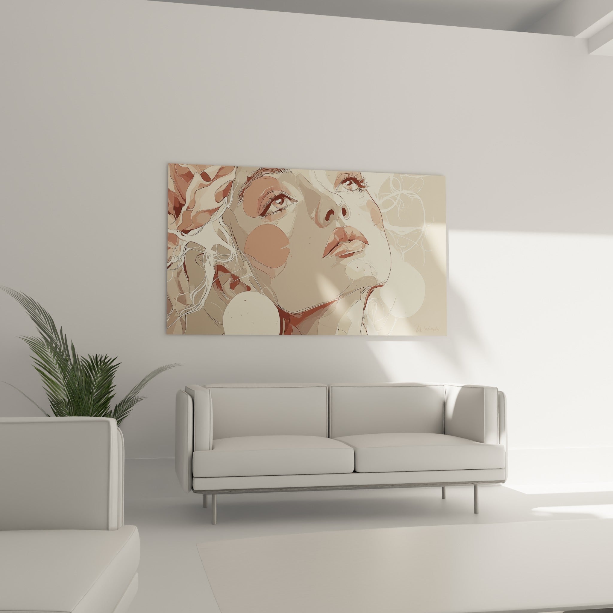 Regard levé sur fond ivoire et ocre, ce tableau visage abstrait surplombe un canapé dans un salon lumineux