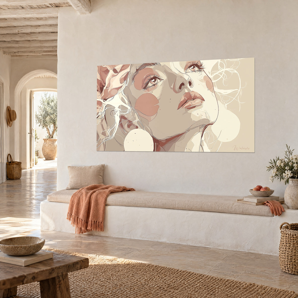 Schilderij gestileerd portret met roze lippen en bleke pioenrozen, zandkleurige achtergrond, aan de muur van een Mediterraans stenen huis