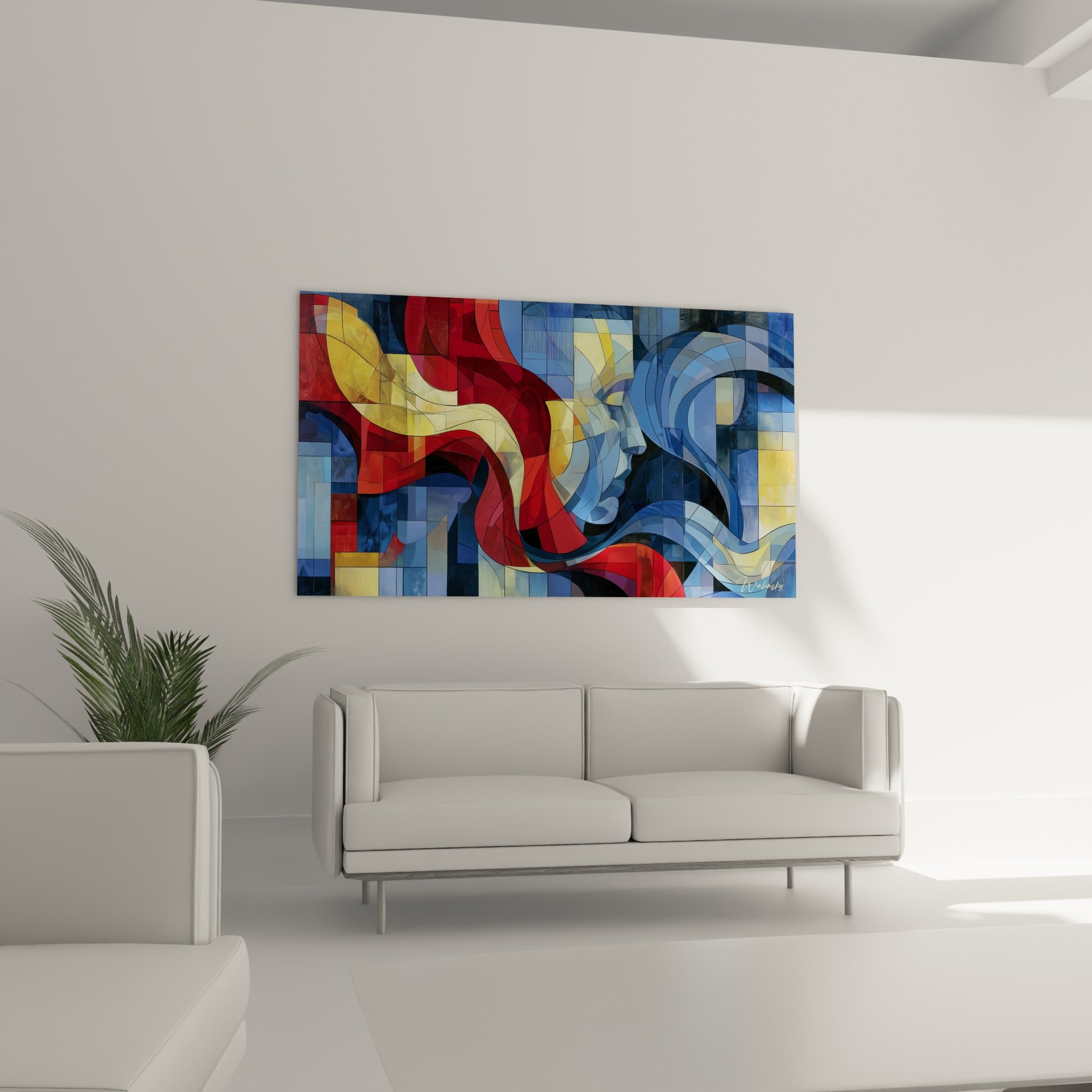 Composition cubiste ocre et bleu marine représentant un visage abstrait au-dessus d'un canapé dans un salon lumineux