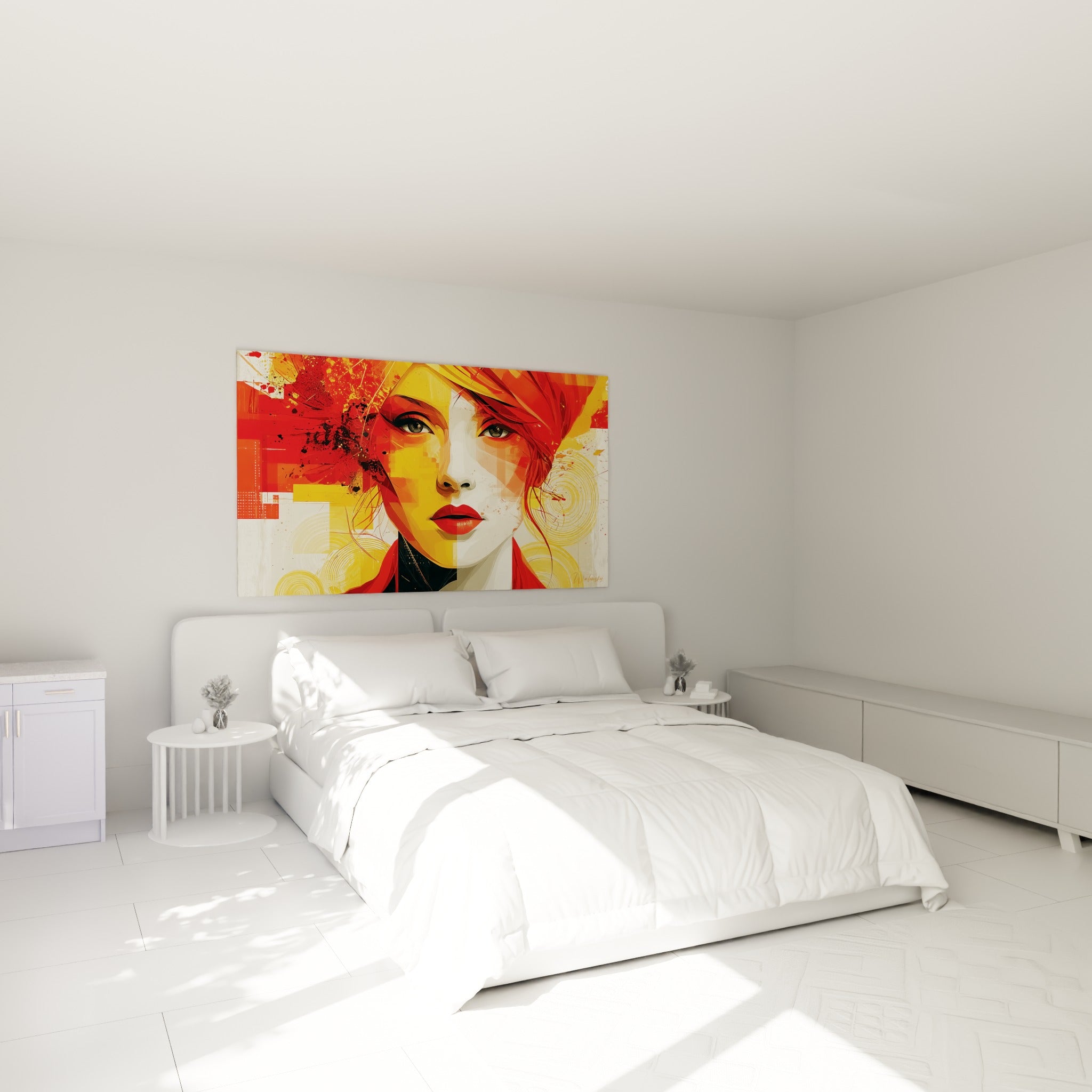 Portrait graphique rouge et ocre du Visage abstrait, accroché au-dessus d'un lit dans une chambre claire