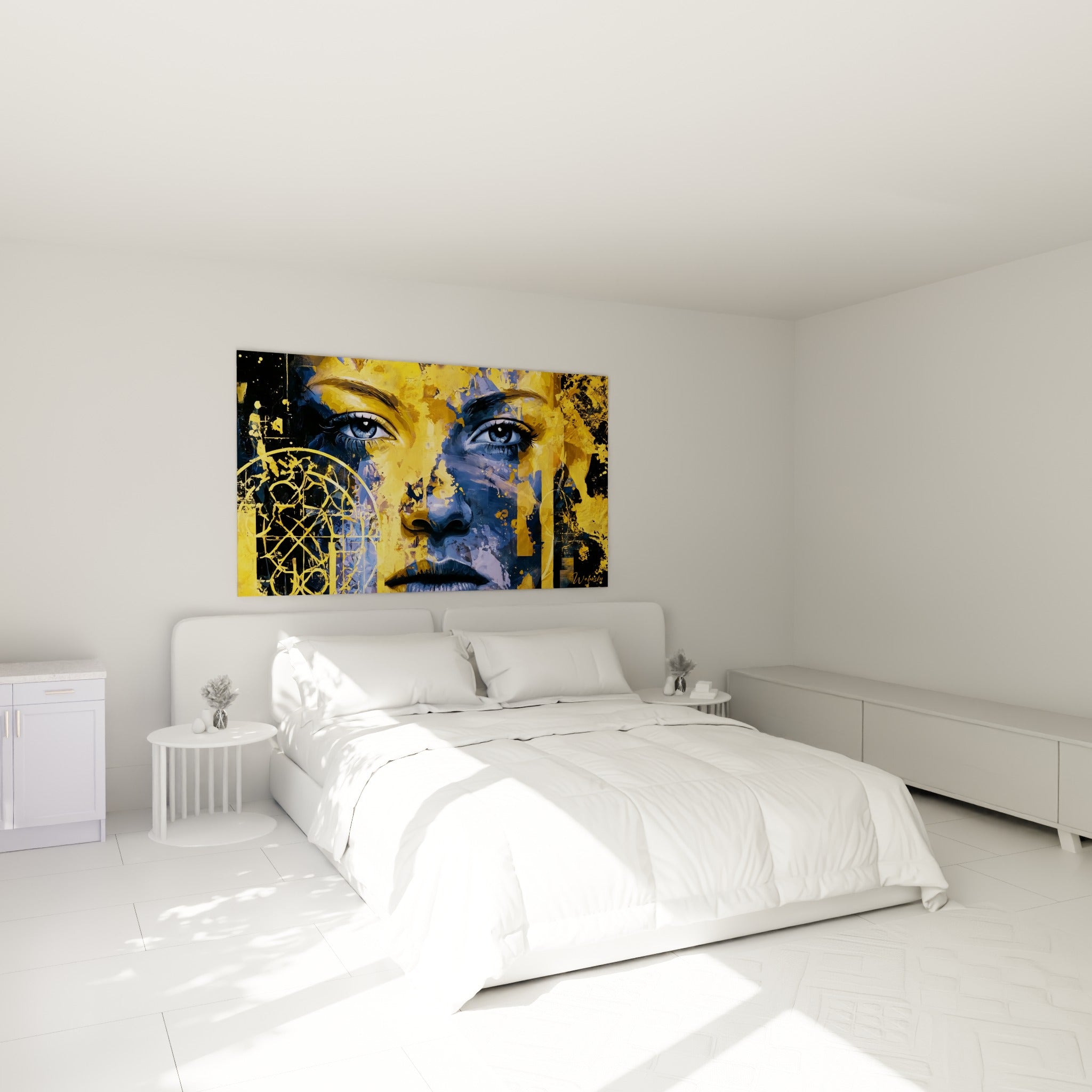 Portrait fragmenté doré et anthracite au regard intense, au-dessus d'un lit dans une chambre claire