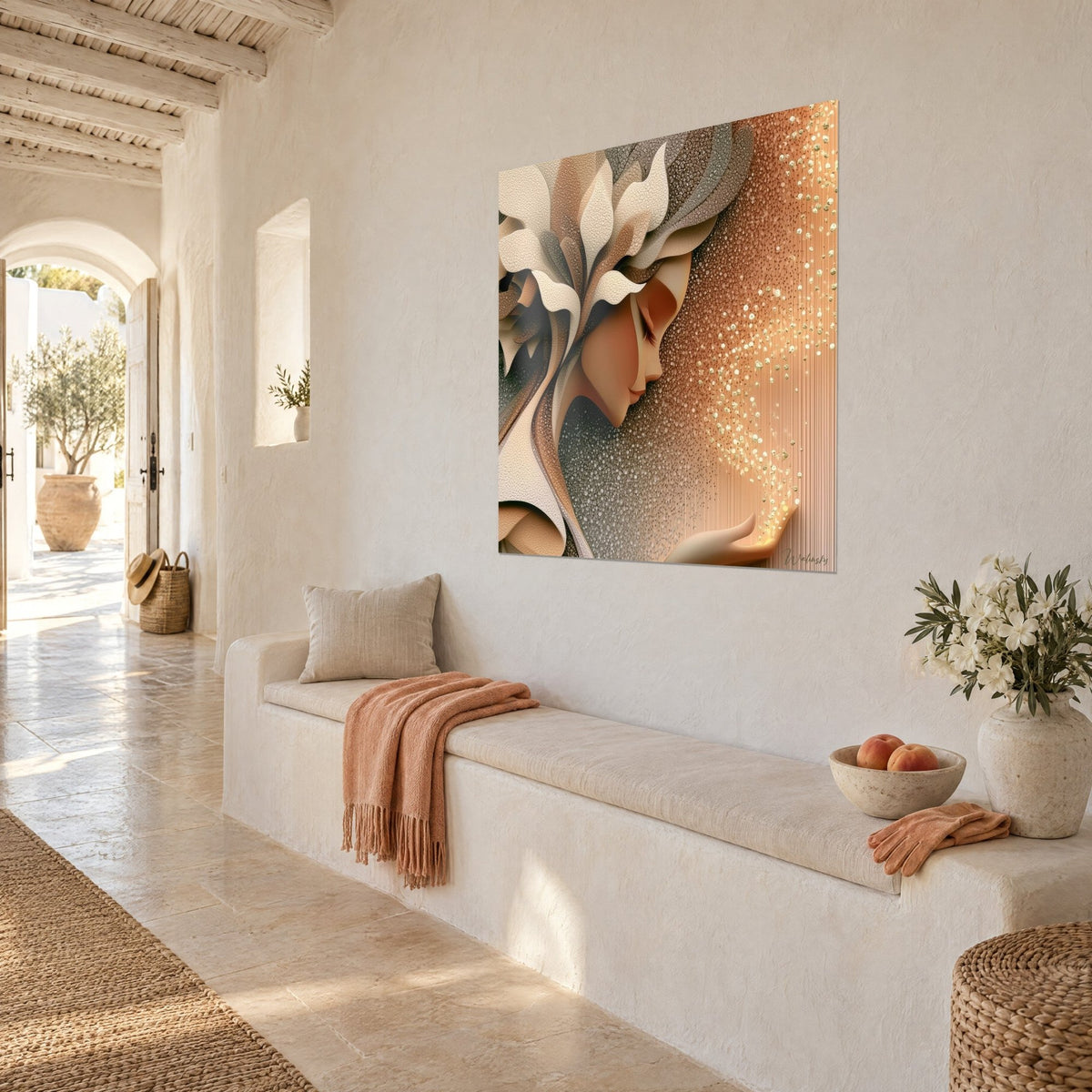 Wall art stylized portrait with cream and charcoal petals, golden flecks on an apricot background, whitewashed wall, stone bench