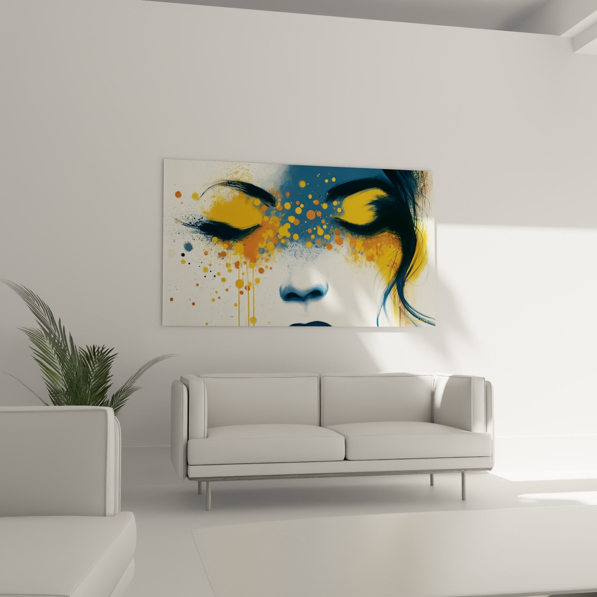 Femme méditative aux tons ocre et bleu marine, visage serein, au-dessus d'un canapé dans un salon lumineux