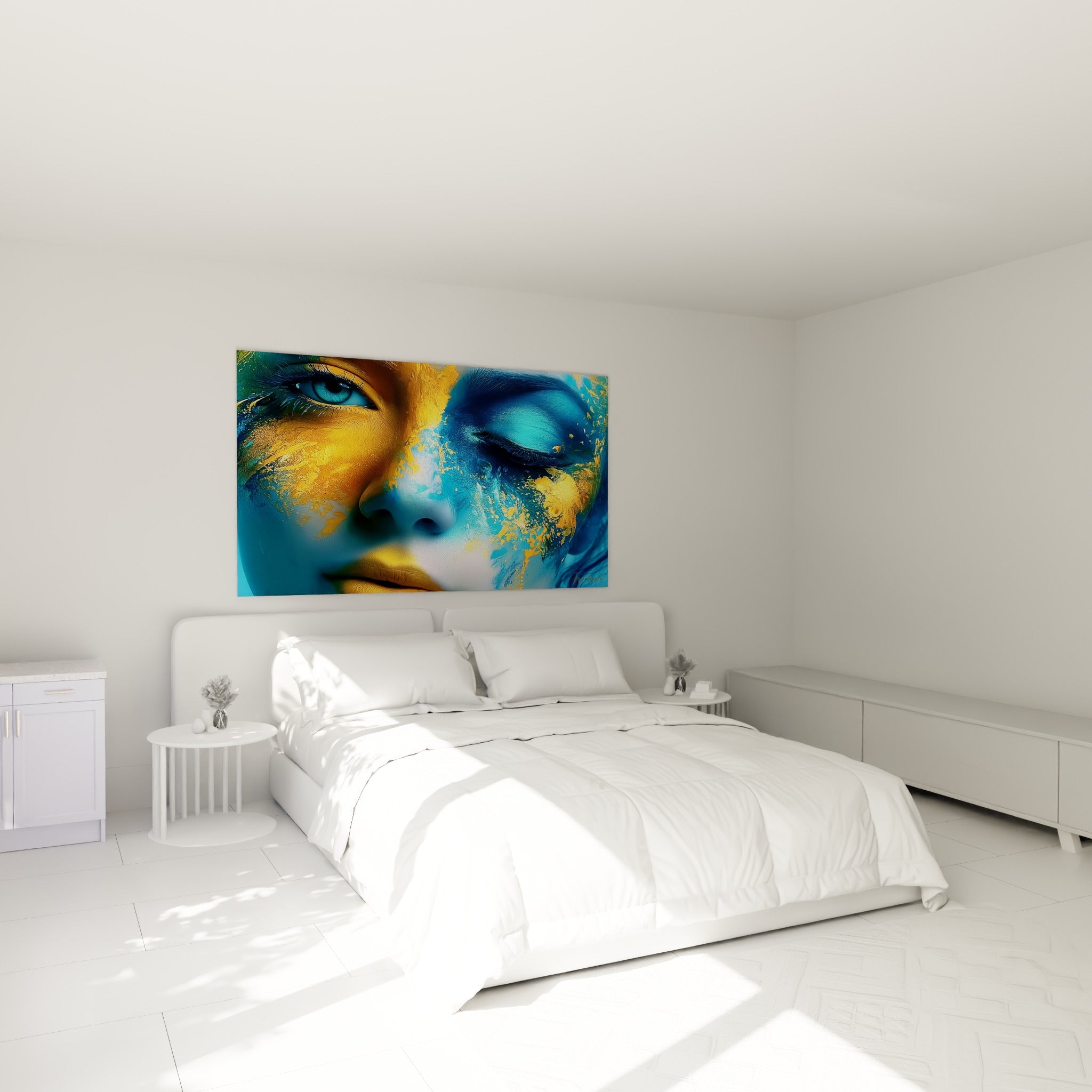 Portrait doré et turquoise aux paupières closes, au-dessus d'un lit dans une chambre claire