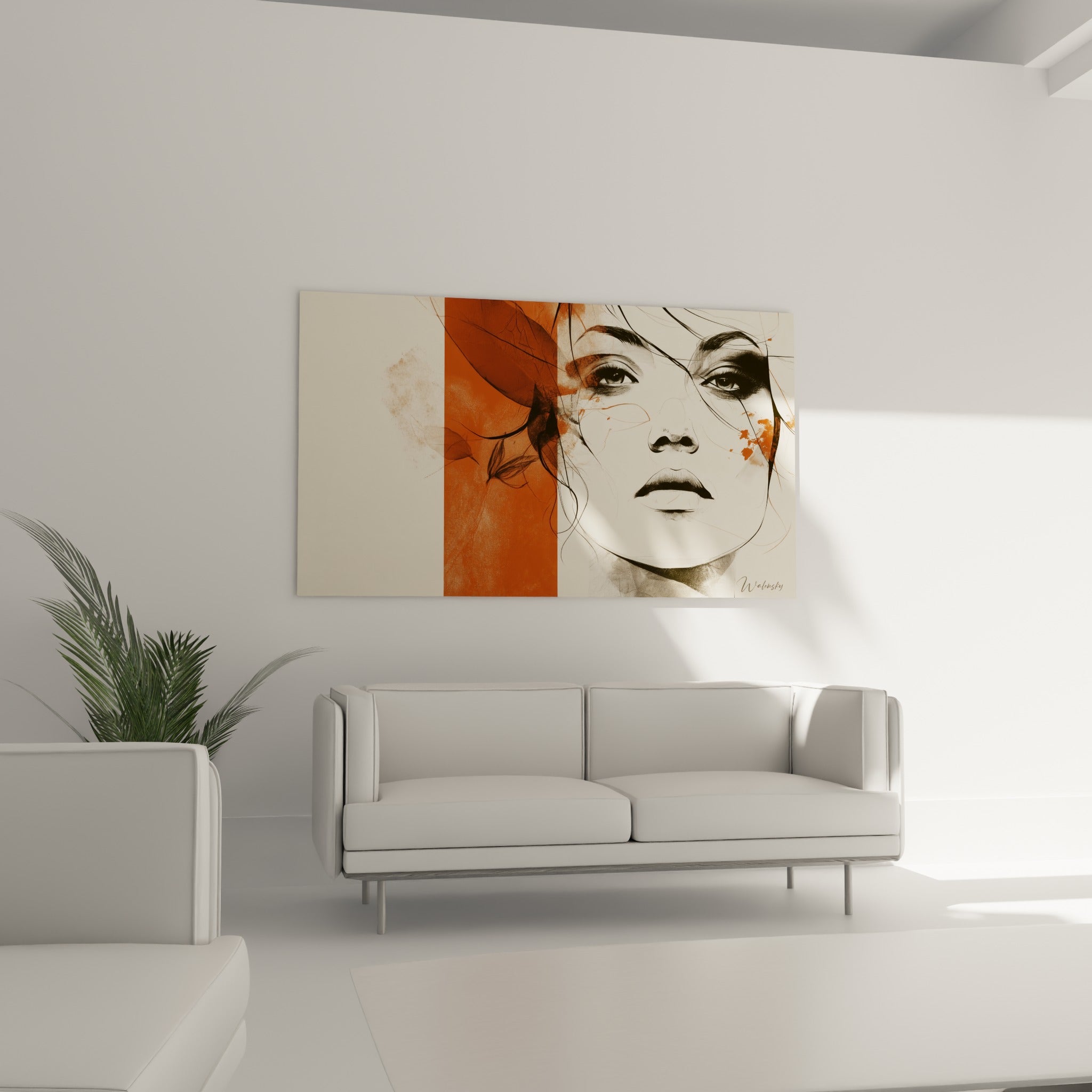 Visage abstrait esquissé aux tons ocre et anthracite, suspendu au-dessus d'un canapé dans un salon lumineux