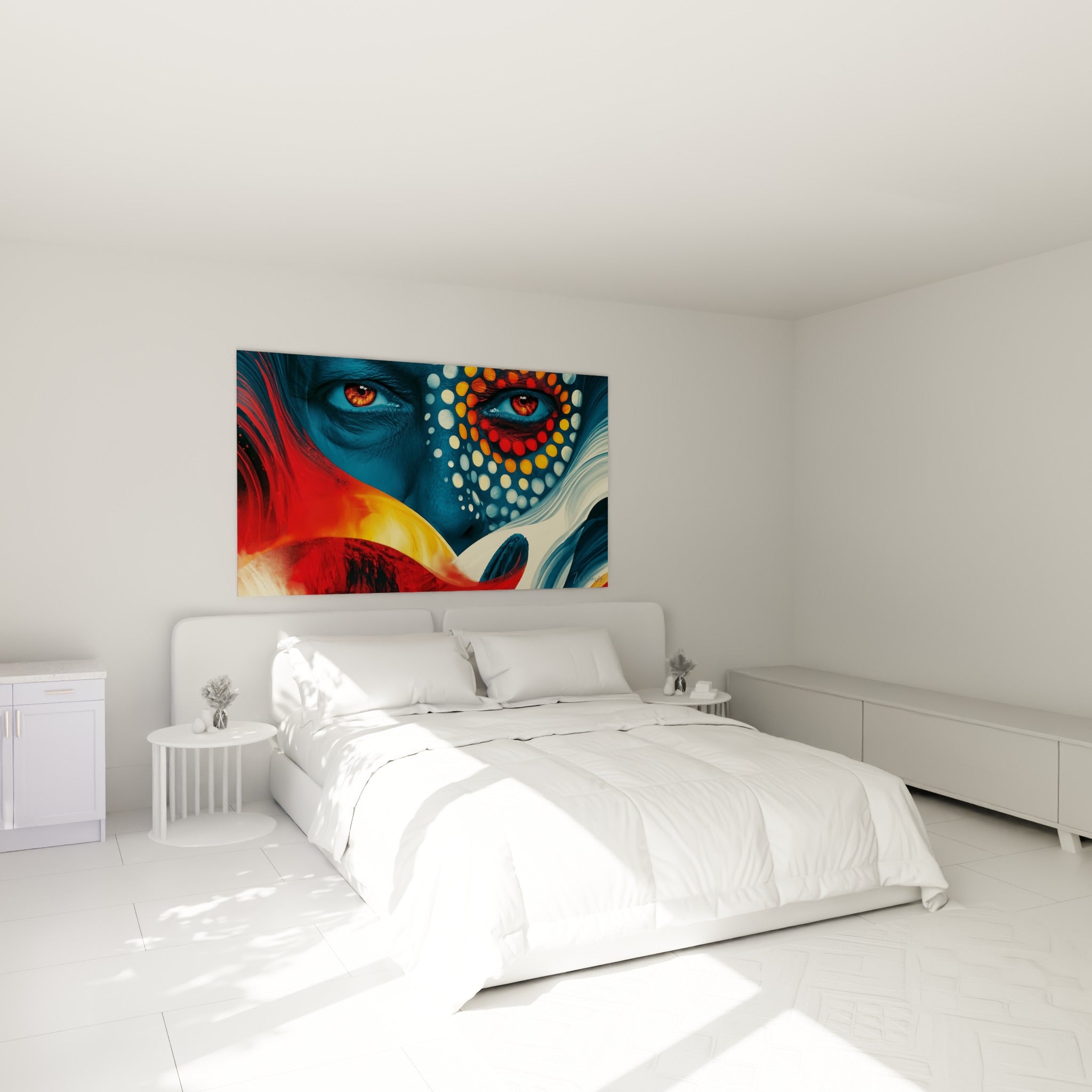 Visage abstrait aux pois orangés et bleu profond, regard ambré, au-dessus d'un lit dans une chambre claire