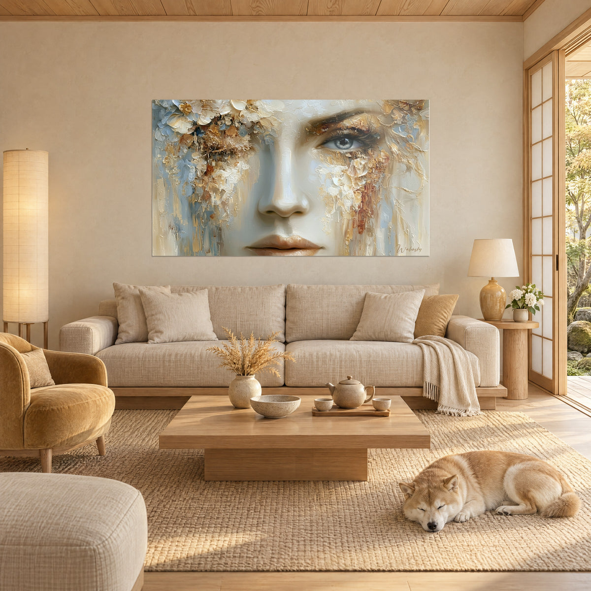 Quadro ritratto femminile con fiori d'avorio scolpiti, occhio azzurro e colature dorate, shiba sdraiato, sopra un divano in un soggiorno luminoso