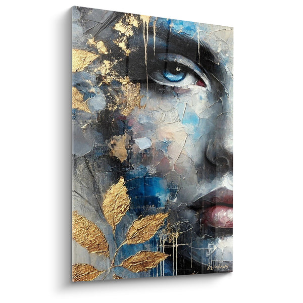 Tableau Visage fragmenté aux feuilles dorées - Éclat d'un souvenir - Edition Visage asbtrait