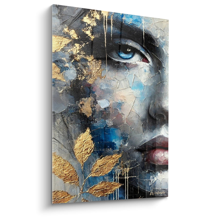 Tableau Visage fragmenté aux feuilles dorées - Éclat d'un souvenir - Edition Visage asbtrait
