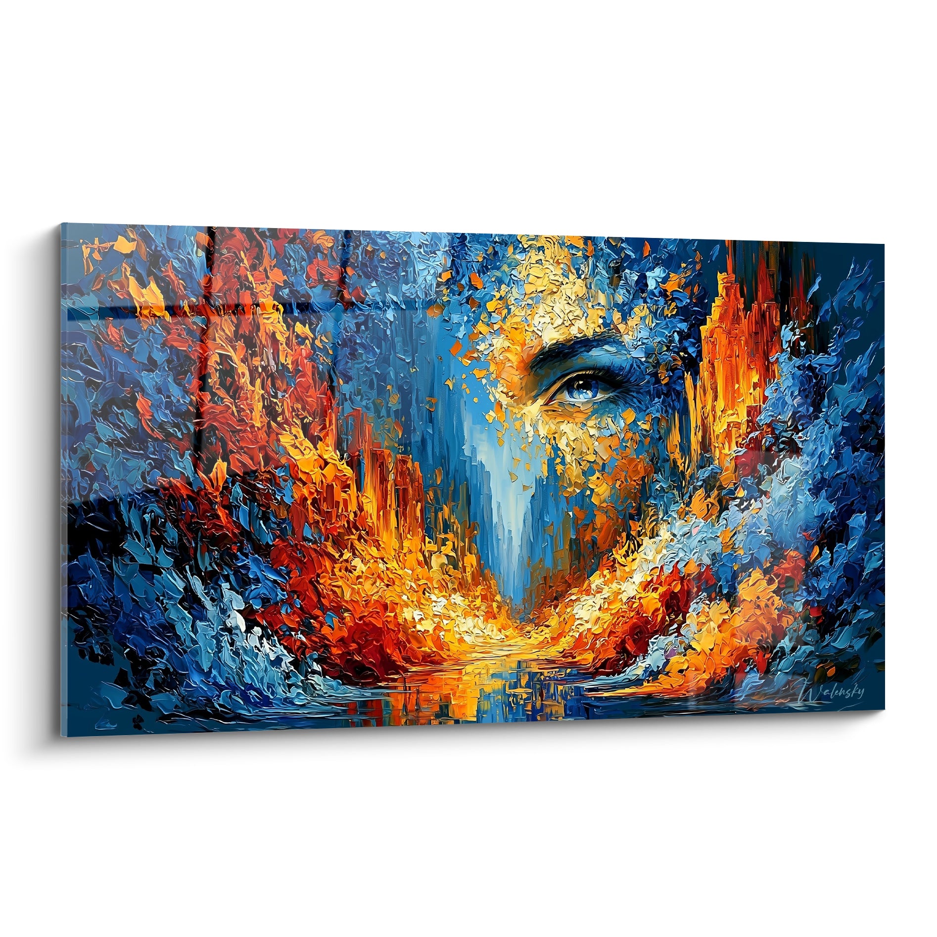 Visage abstrait aux couleurs bleu marine et orange vif, œil unique peint au couteau, textures épaisses