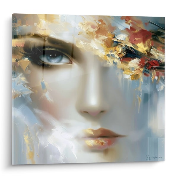 Tableau Visage bleu et doré aux fleurs rouges - Œil unique dévoilé - Edition Visage abstrait