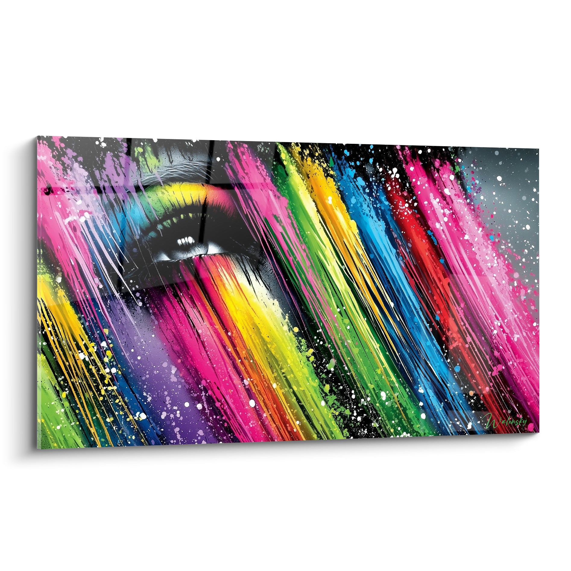 Œil noir et blanc cerné de coulures roses, vertes et bleues sur tableau visage abstrait vibrant