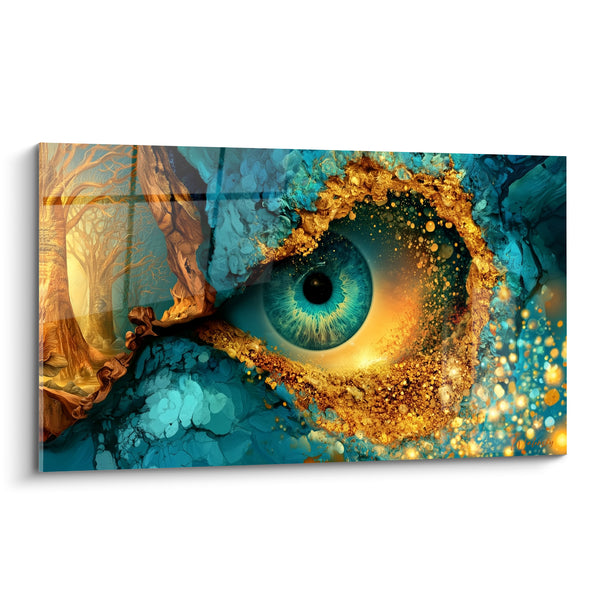 Tableau Œil doré aux paupières turquoise et forêt - Regard des origines - Edition Visage abstrait