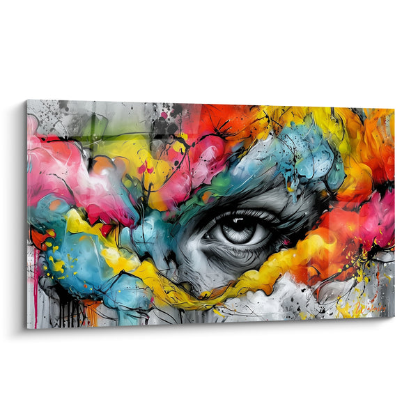 Tableau Œil réaliste aux éclaboussures roses et jaunes - Regard dans la tempête - Edition Visage abstrait