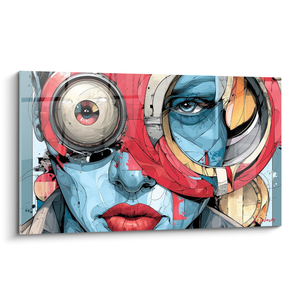 Tableau Visage bleu et rouge à œil mécanique - Regard augmenté - Edition Visage abstrait