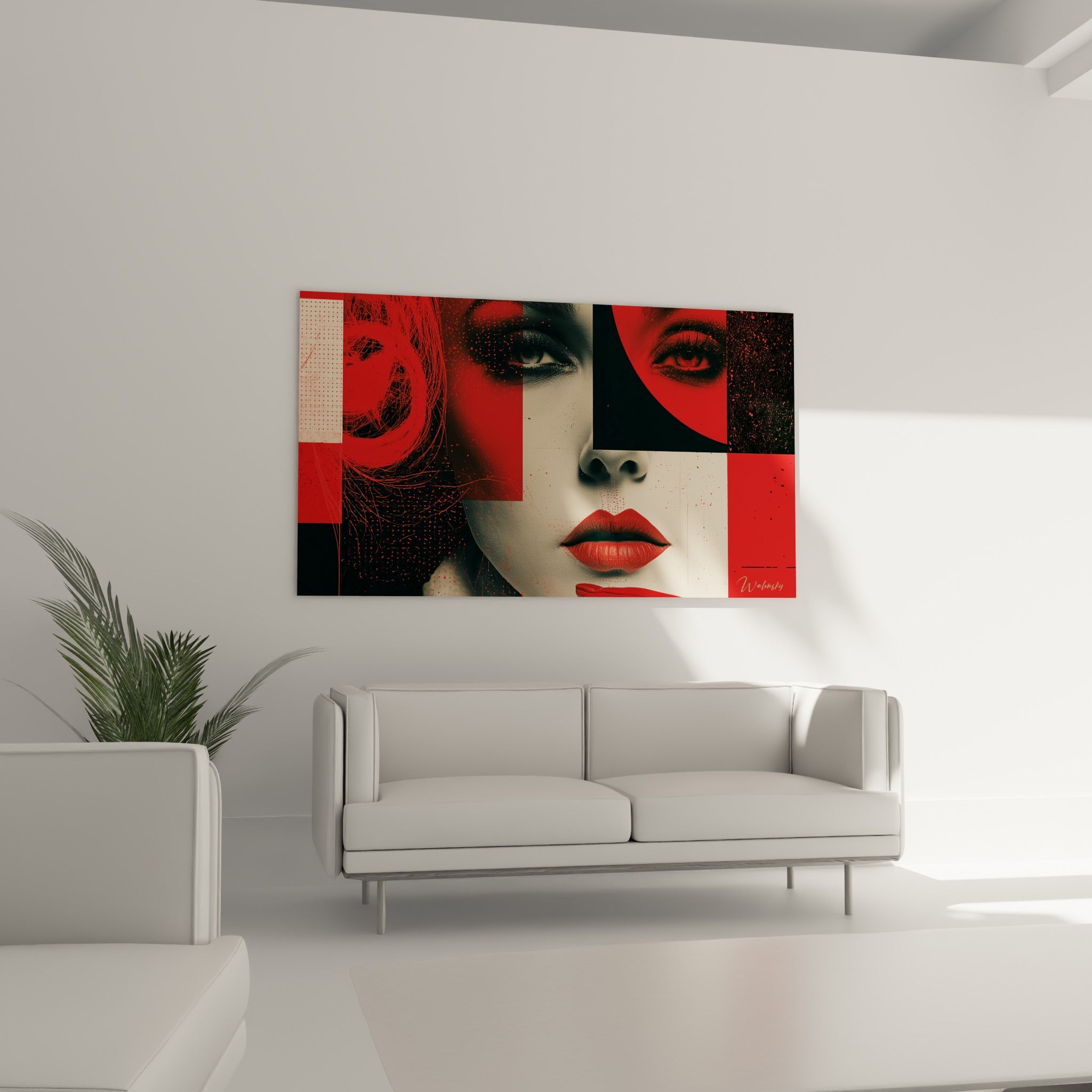 Œil maquillé noir cerné de rouge sombre, visage collage graphique, au-dessus d'un canapé dans un salon lumineux