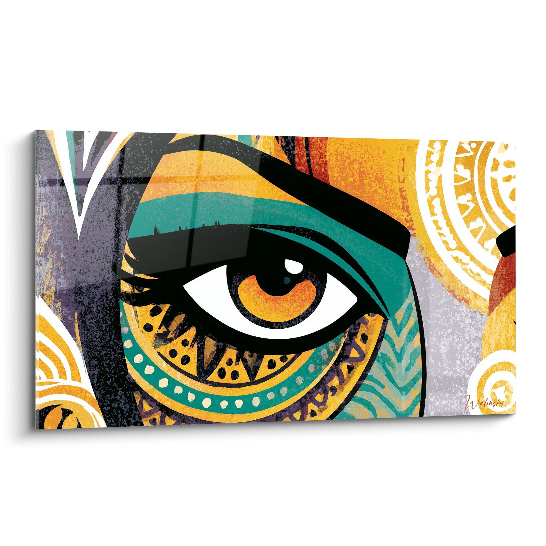 Visage abstrait à l'œil ocre et turquoise, motifs tribaux dorés sur fond anthracite texturé