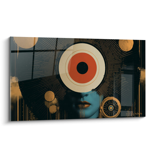 Tableau Visage bleu et cercle terracotta rayonnant - Œil hypnotique - Edition Visage abstrait
