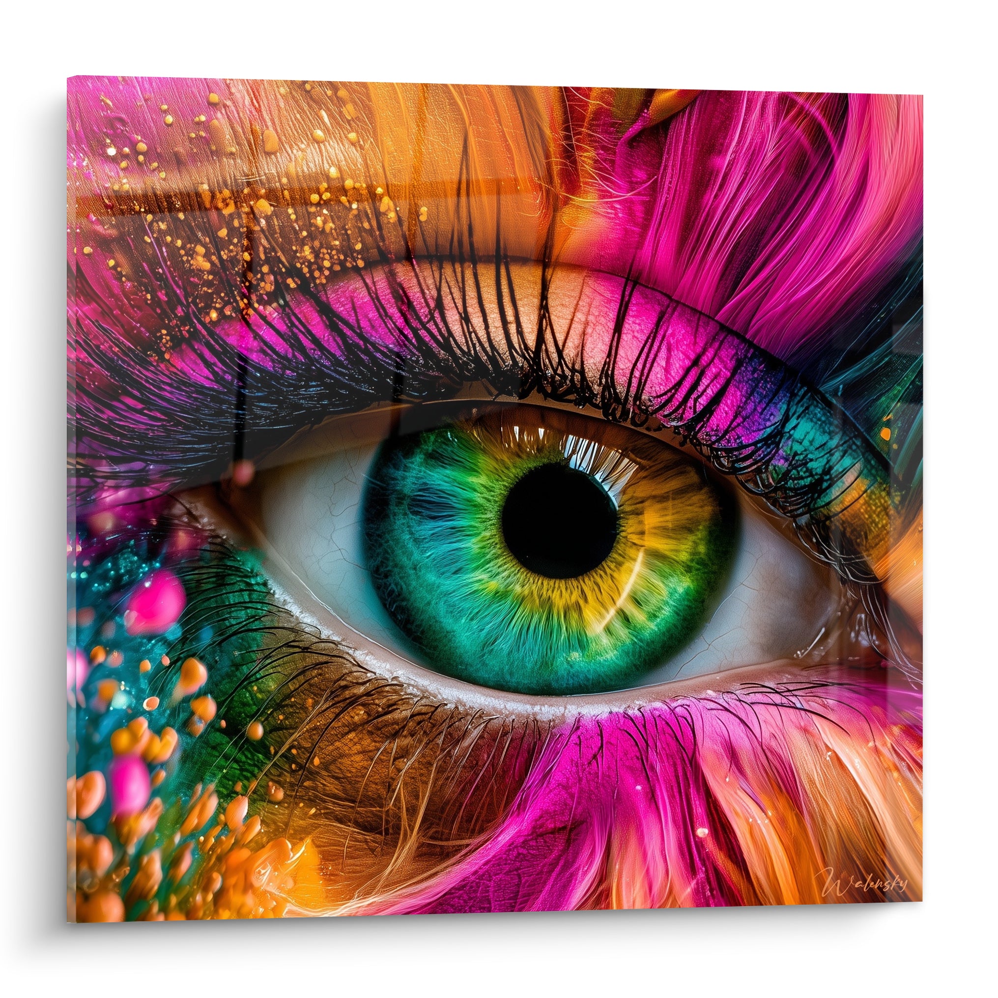 Visage abstrait à l'œil vert émeraude cerné de cils noirs et de rose fuchsia intense