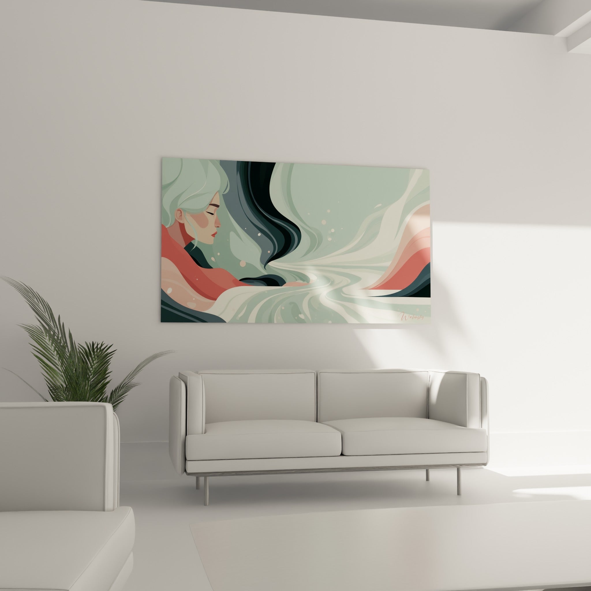 Visage serein glissant vers des ondulations corail et anthracite au-dessus d'un canapé dans un salon lumineux