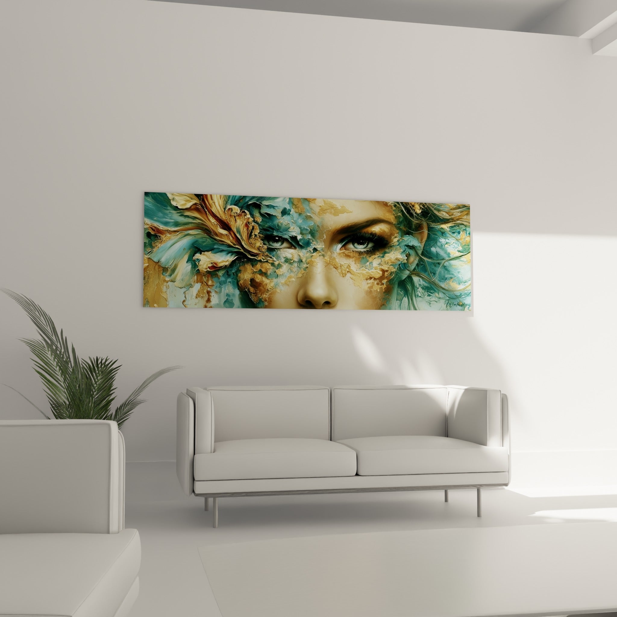 Visage abstrait fusionnant or et bleu pétrole, au-dessus d'un canapé dans un salon lumineux