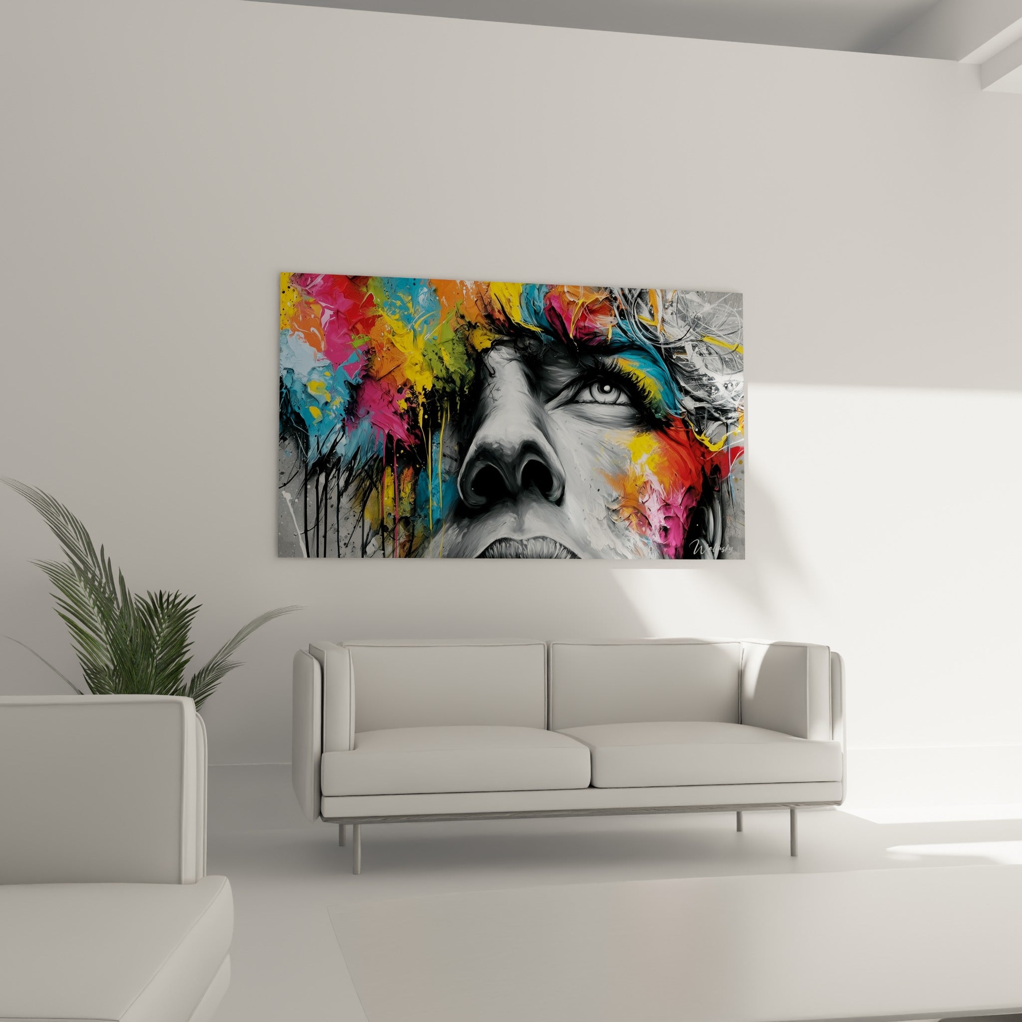 Visage expressif traversé de jaune et de turquoise éclatants, au-dessus d'un canapé dans un salon lumineux