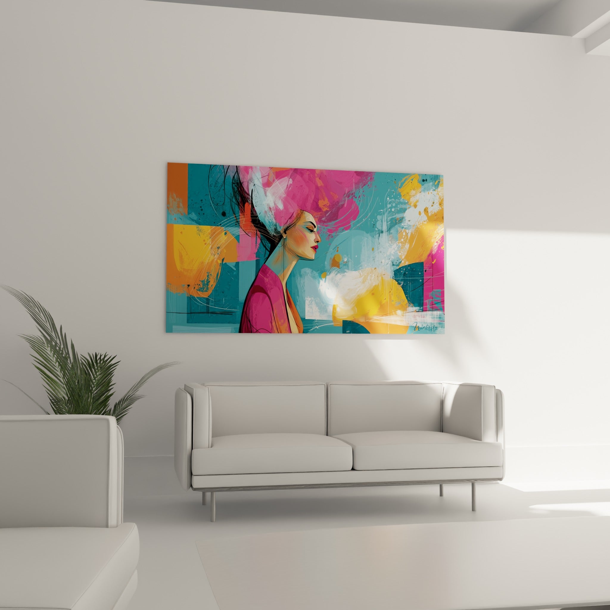 Silhouette féminine fuchsia et orange du visage abstrait, suspendue au-dessus d'un canapé dans un salon lumineux.